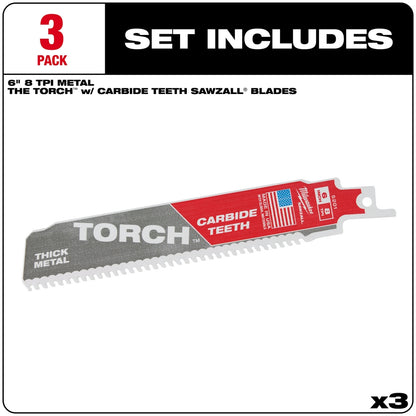 6" 8 TPI TORCH™ with Carbide Teeth SAWZALL® Blades (3 PK)