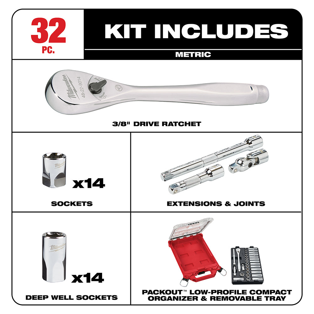 3/8 in. 32 Pc. Ratchet and Socket Set in PACKOUT™ - Metric