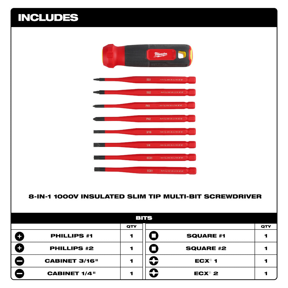 8-in-1 1000V Insulated Slim Tip Multi-Bit Screwdriver