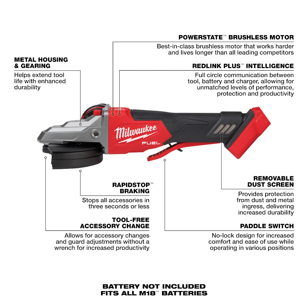 M18 FUEL™ 5" Flathead Braking Grinder, Paddle Switch No-Lock
