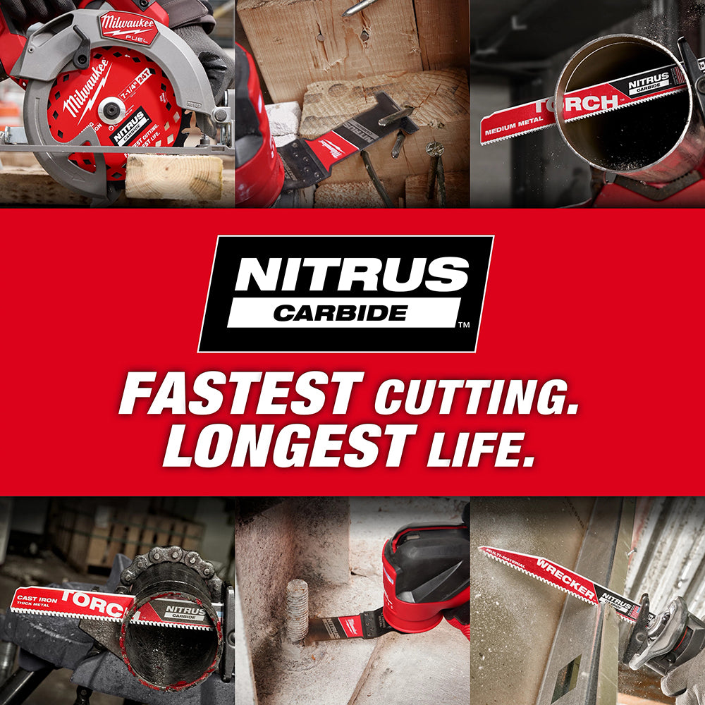 Promotional image of Milwaukee tools with Nitrus Carbide technology, featuring text about cutting speed and life expectancy.