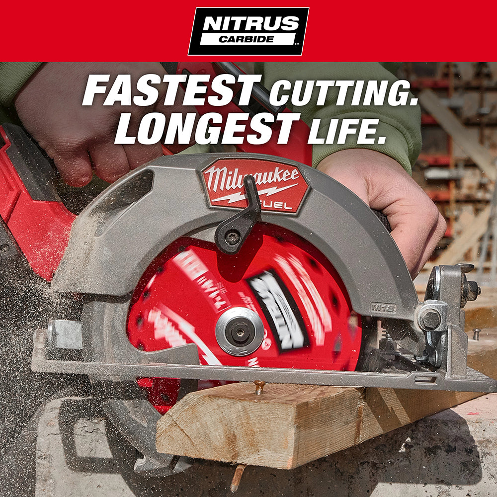 Milwaukee circular saw cutting wood with 'Nitrus Carbide' branding and text.