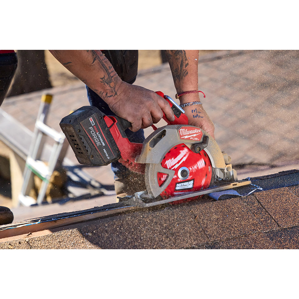 Person using a Milwaukee power tool on a roof