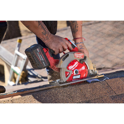 Person using a Milwaukee power tool on a roof