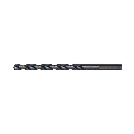 A black oxide jobber length drill bit with a parabolic flute and a precision start 135 split point tip.