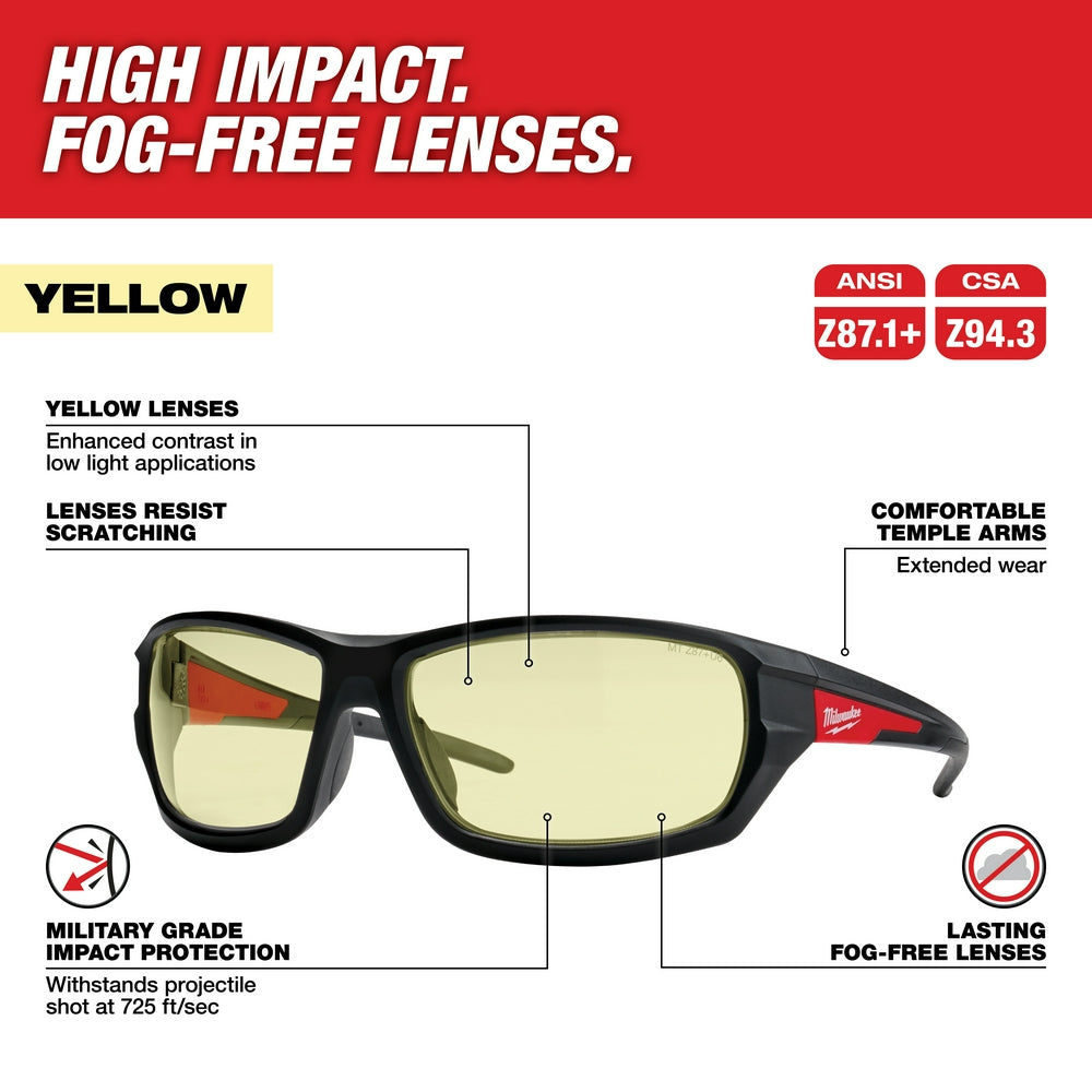 Performance Safety Glasses - Yellow Fog-Free Lenses (Polybag)