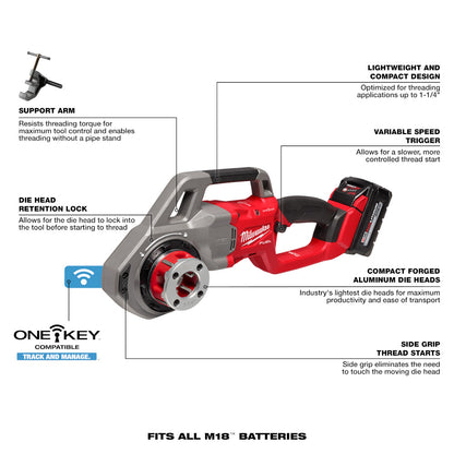 M18 FUEL™ Compact Pipe Threader w/ ONE-KEY™ w/ 1/2" - 1-1/4" Compact NPT Forged Aluminum Die Heads