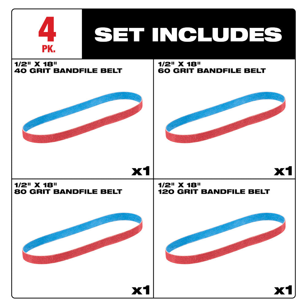 1/2” x 18” 40/60/80/120 Grit Bandfile Belts – 4 pack variety