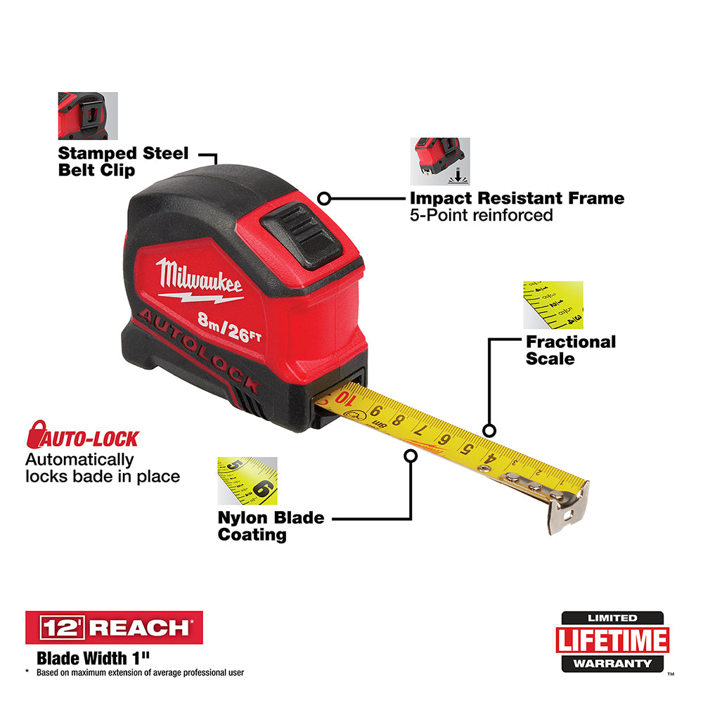 8m/26' Compact Auto Lock Tape Measure