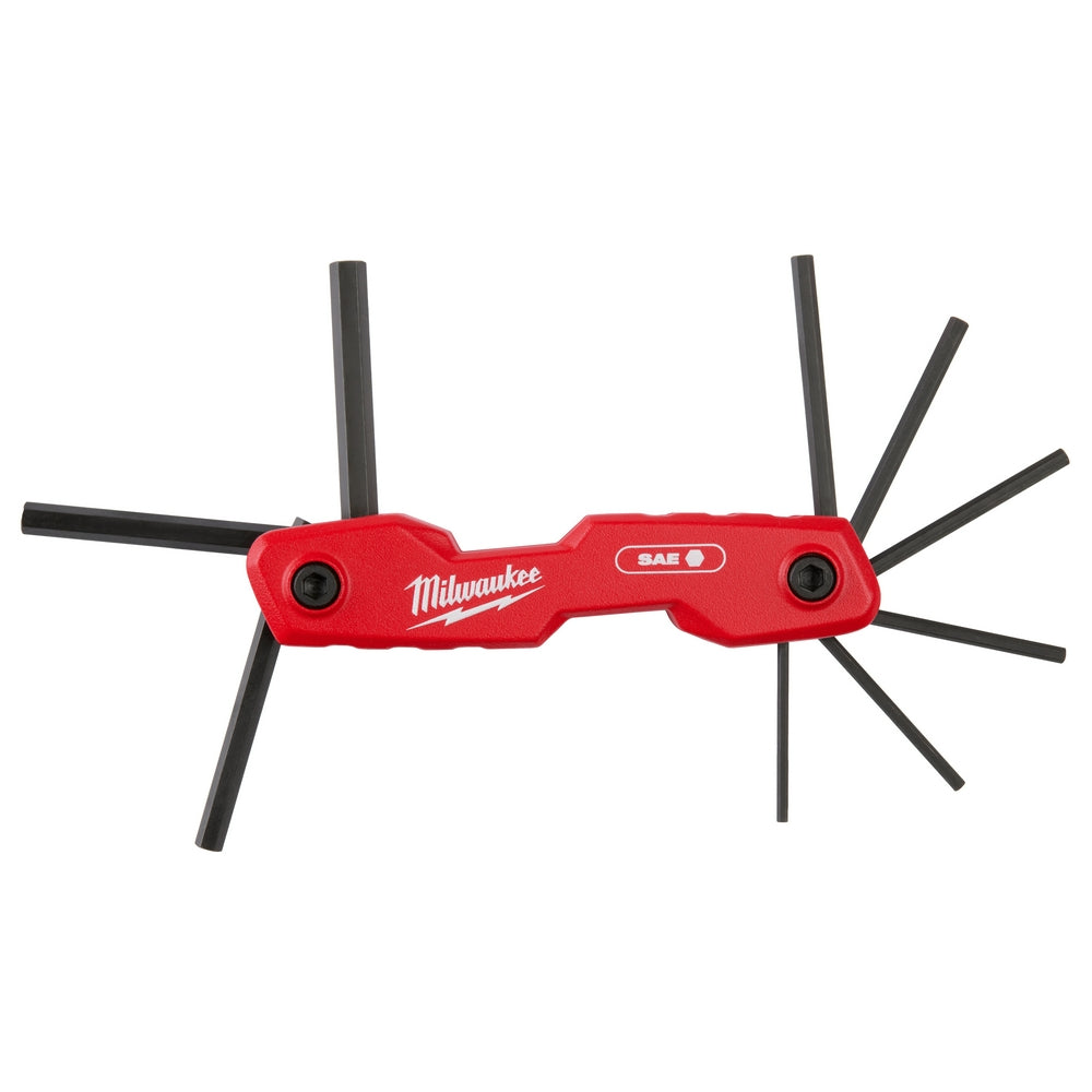 A red and black Milwaukee 9-key folding hex key set with ergonomic handle and black oxide key finish.
