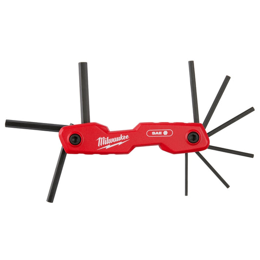 A red and black Milwaukee 9-key folding hex key set with ergonomic handle and black oxide key finish.