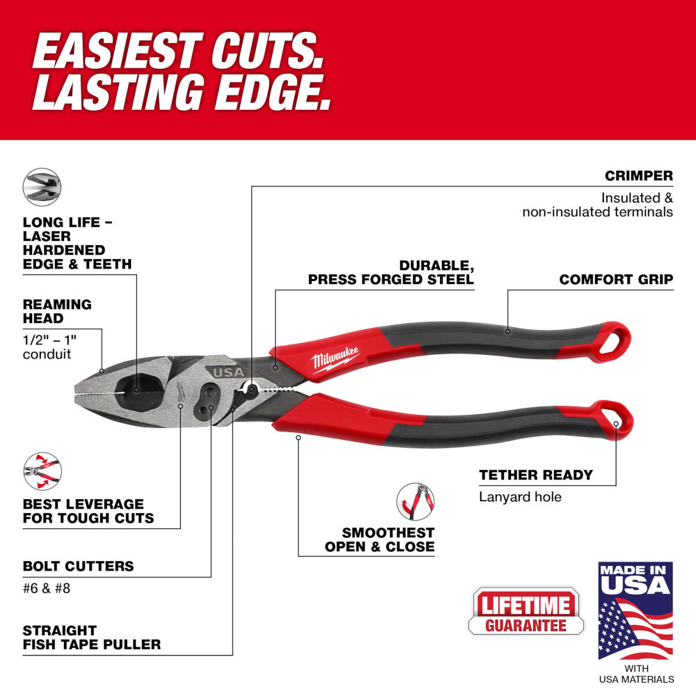 9" Lineman's Comfort Grip Pliers w/ Crimper and Bolt Cutter (USA)