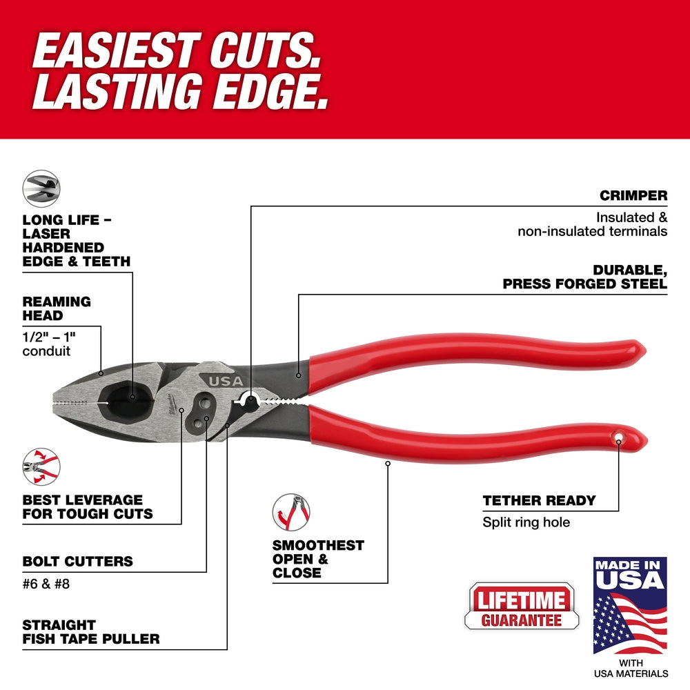 9" Lineman's Dipped Grip Pliers w/ Crimper & Bolt Cutter (USA)