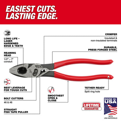 9" Lineman's Dipped Grip Pliers w/ Crimper & Bolt Cutter (USA)