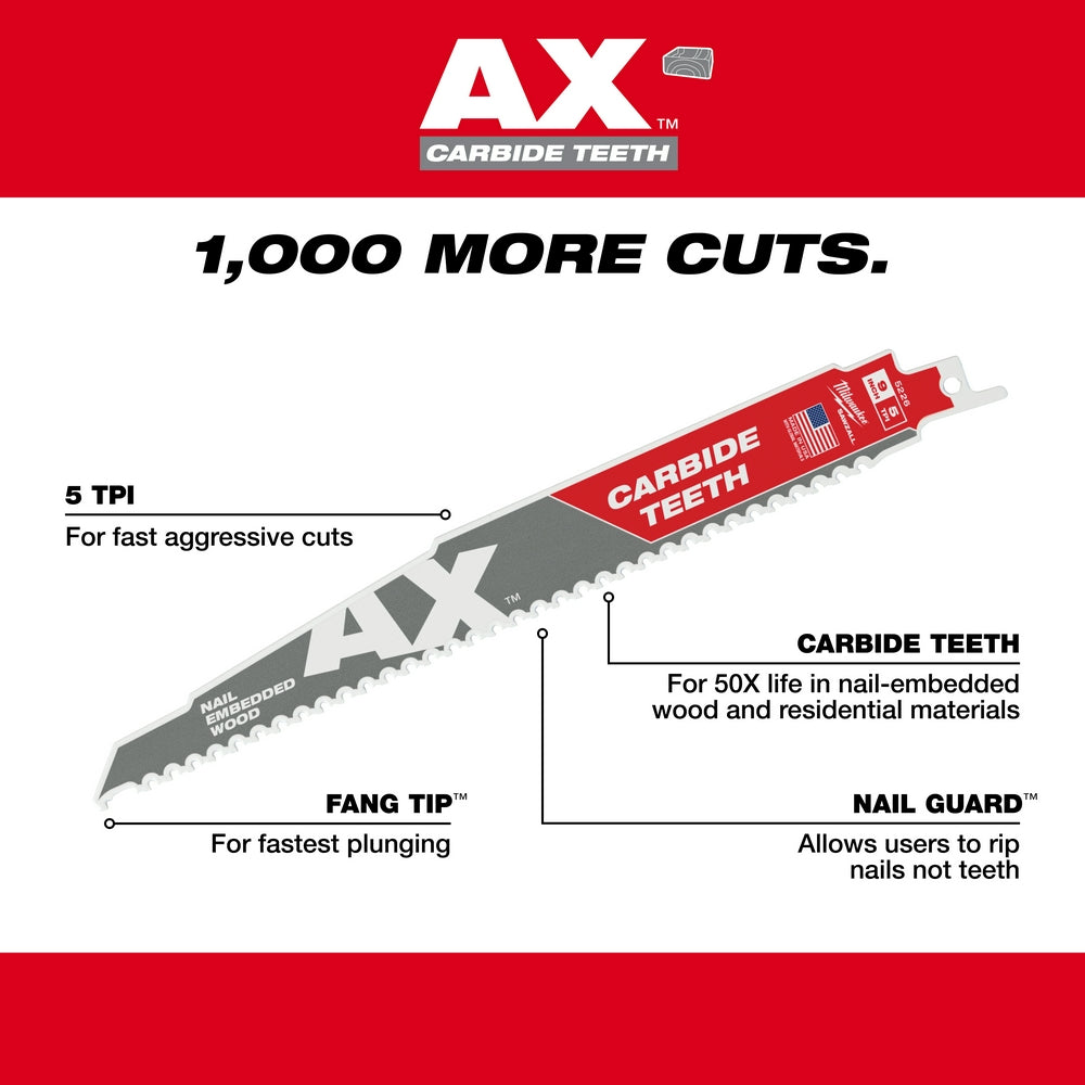 9" 5 TPI AX™ with Carbide Teeth for Wood with Nails SAWZALL® Blade (25 PK)