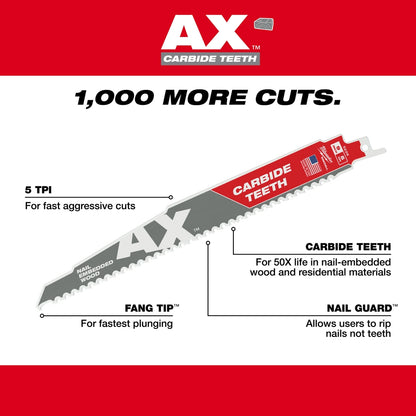 9" 5 TPI AX™ with Carbide Teeth for Wood with Nails SAWZALL® Blade (25 PK)