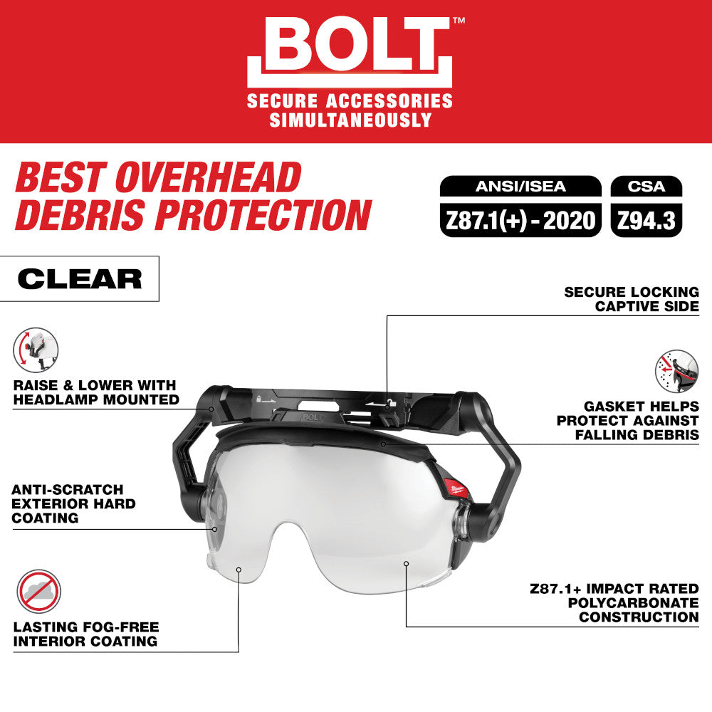 BOLT™ Gasketed Eye Visor - Clear Dual Coat Lens (Compatible with Milwaukee® BOLT™ Safety Helmets & BOLT™ Hard Hats)