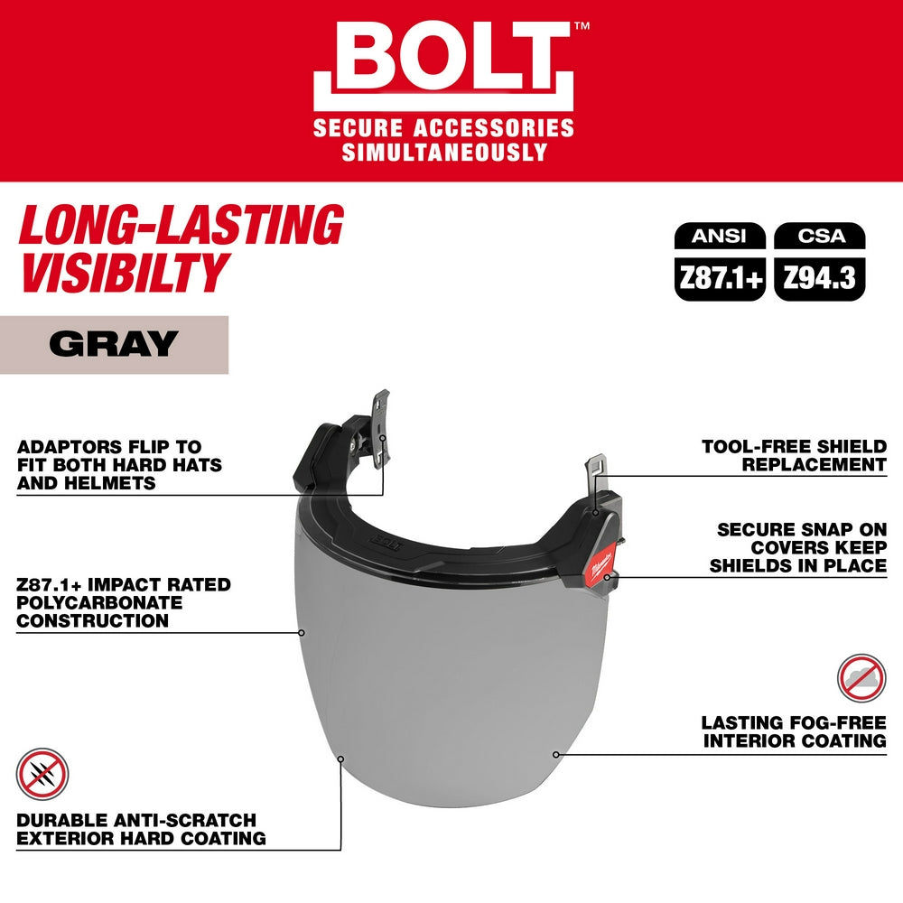 BOLT™ Full Face Shield - Gray Dual Coat Lens (Compatible with Safety Helmets & Hard Hats)