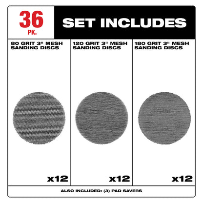 3” Assorted 80, 120, 180 Grit Mesh Sanding Discs with POWERGRID™ Tear Resistant Mesh – (36 PK) + 3 Pad Savers