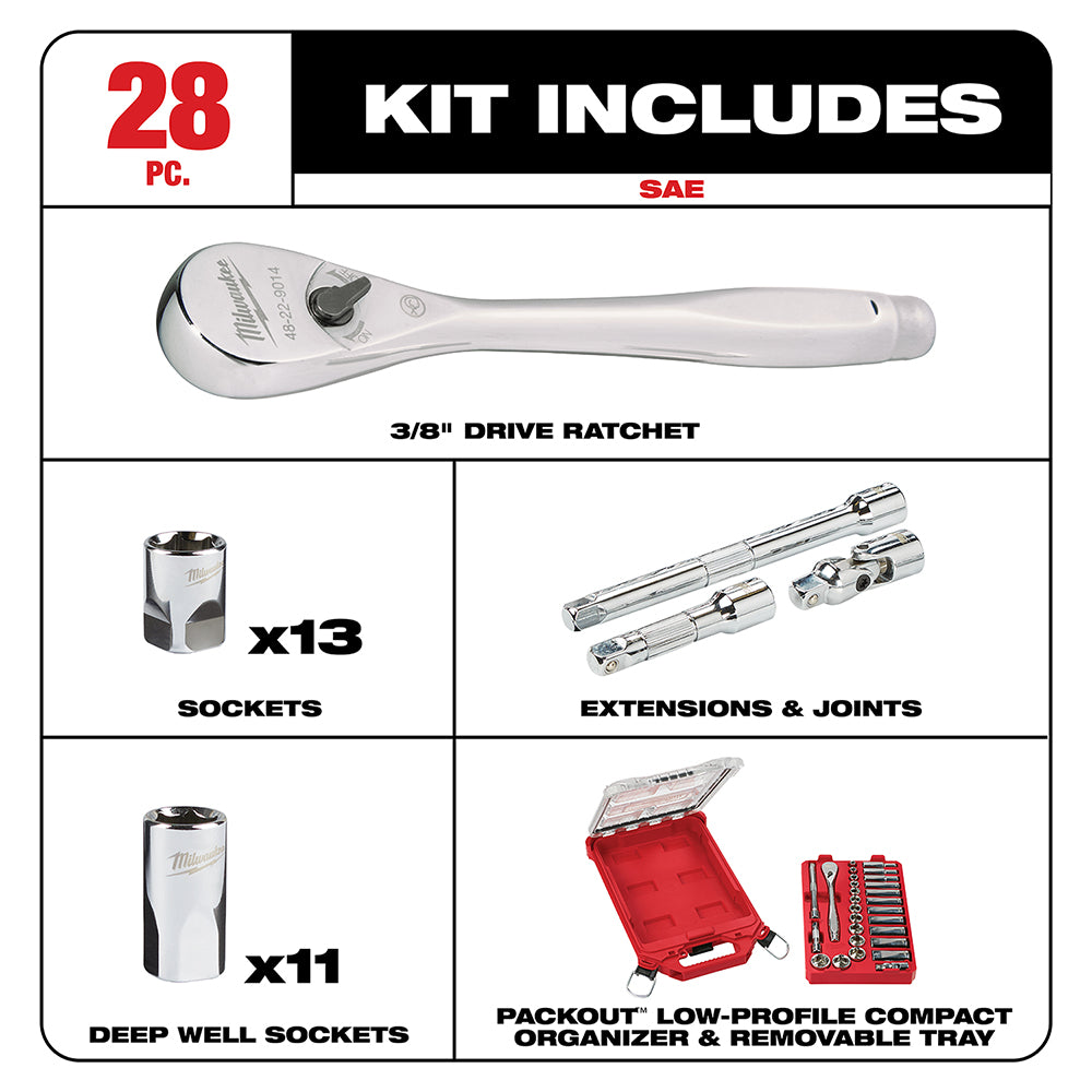 3/8" 28 Pc Ratchet & Socket Set with PACKOUT™ Organizer