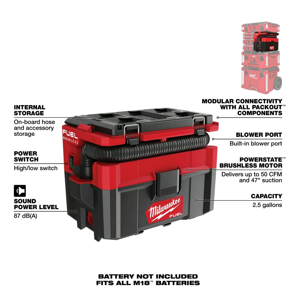 M18 FUEL™ PACKOUT™ 2.5 Gallon Wet/Dry Vacuum