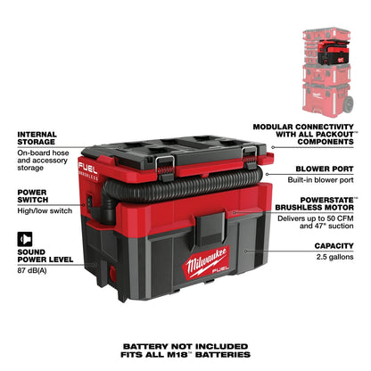 M18 FUEL™ PACKOUT™ 2.5 Gallon Wet/Dry Vacuum