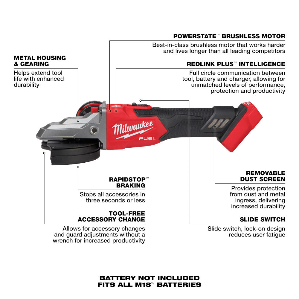 M18 FUEL™ 5" Flathead Braking Grinder, Slide Switch Lock-On