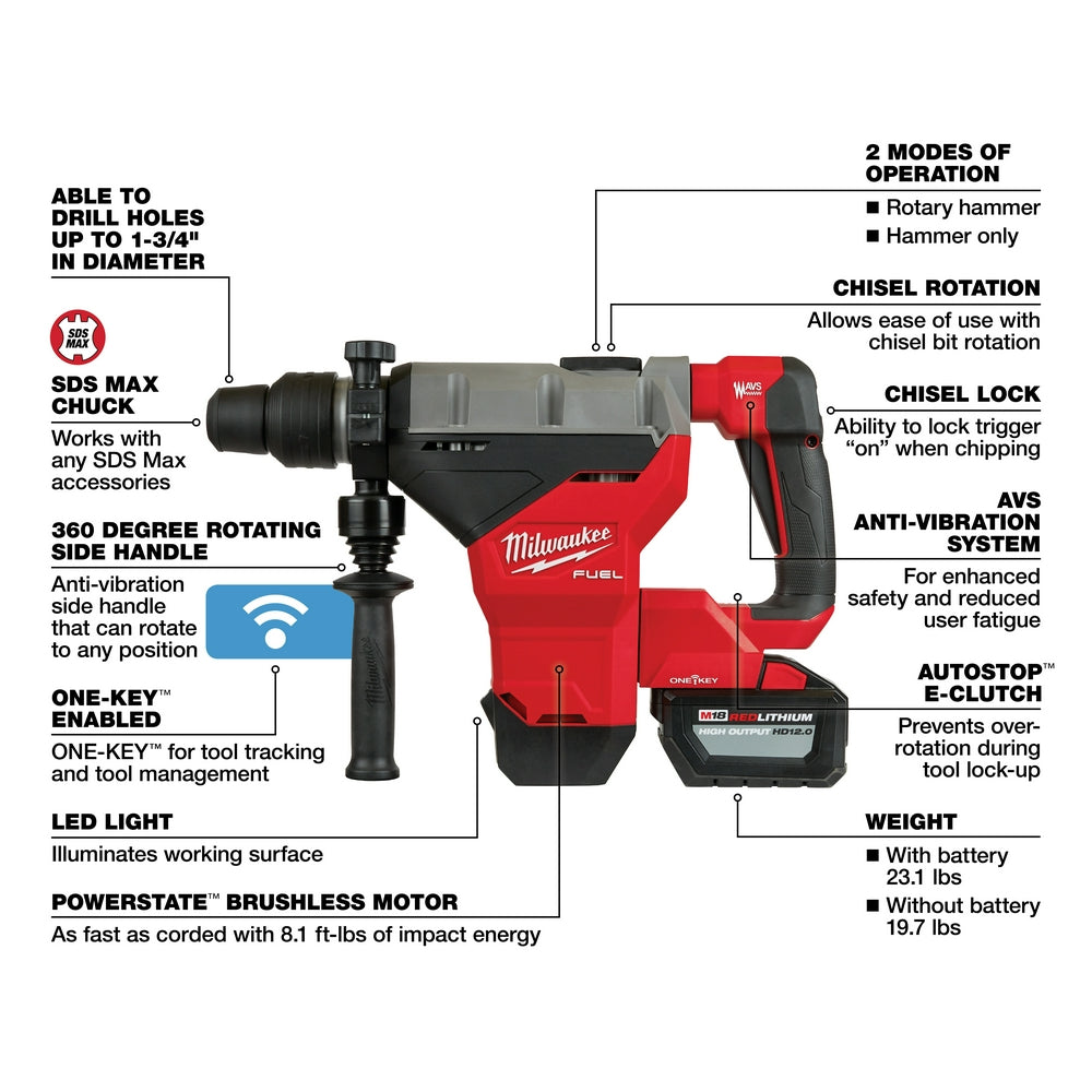 M18 FUEL™ 1-3/4 in. SDS Max Rotary Hammer with One Key™ Two HD12.0 Battery Kit