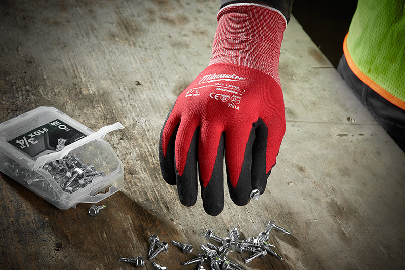 Cut Level 1 Nitrile Dipped Gloves being used on the jobsite