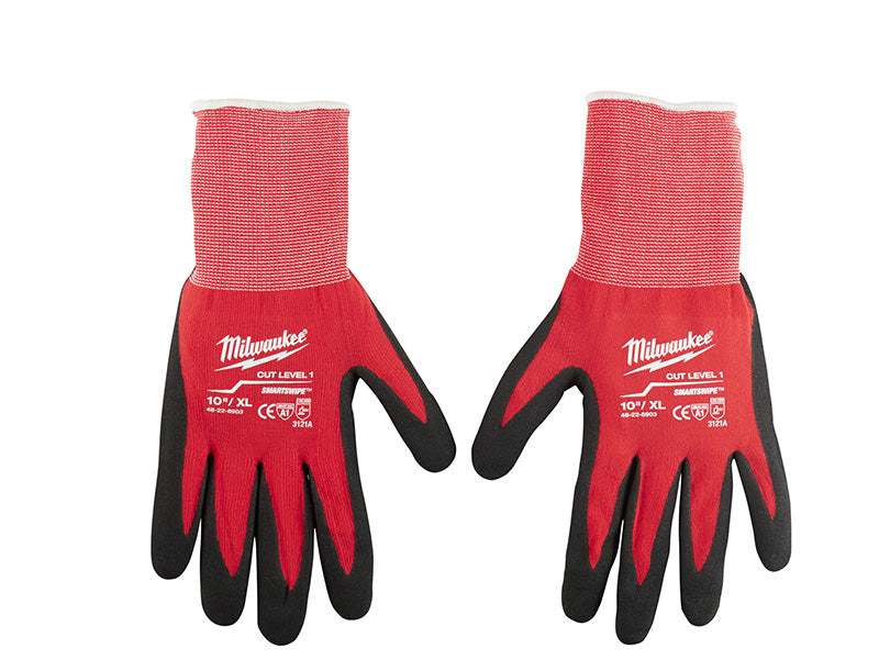 A pair of Milwaukee Cut Level 1 Nitrile Dipped Gloves in XL size, featuring a red and black color scheme with the Milwaukee logo on the wrist area.