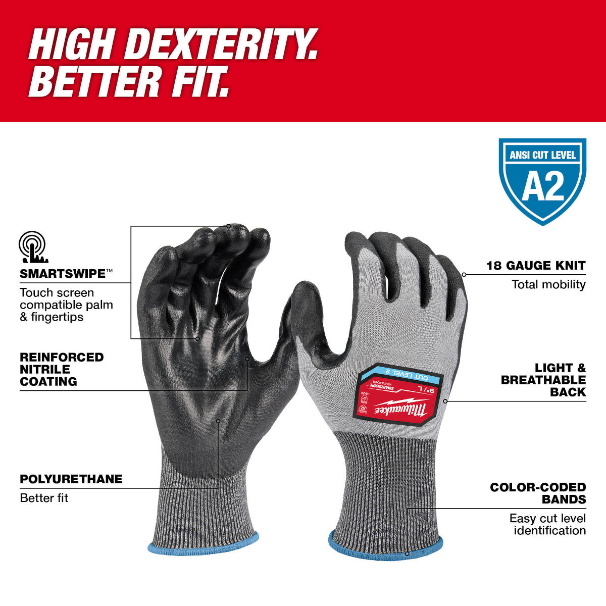 Cut Level 2 High Dexterity Polyurethane Dipped Gloves - L