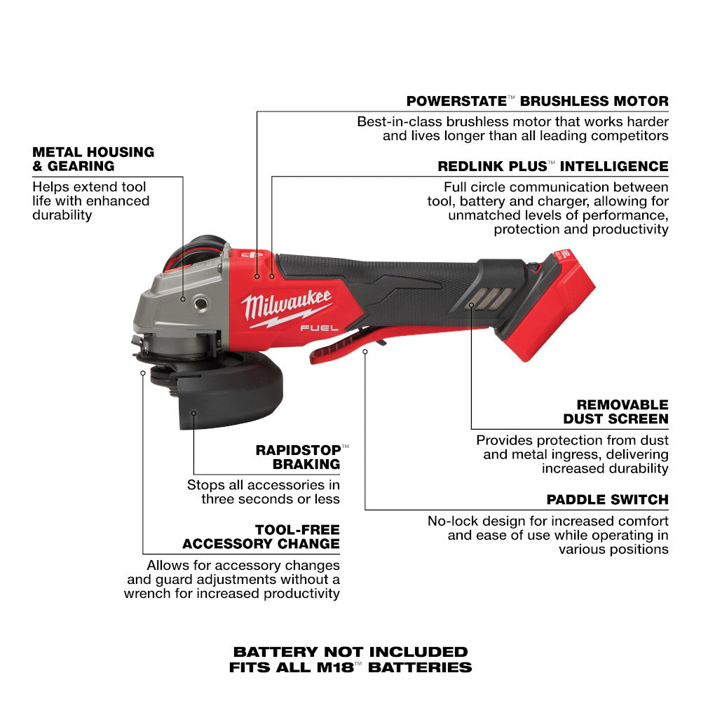 M18 FUEL™ 4-1/2" / 5" Variable Speed Braking Grinder, Paddle Switch No-Lock