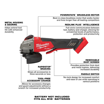M18 FUEL™ 4-1/2" / 5" Variable Speed Braking Grinder, Paddle Switch No-Lock