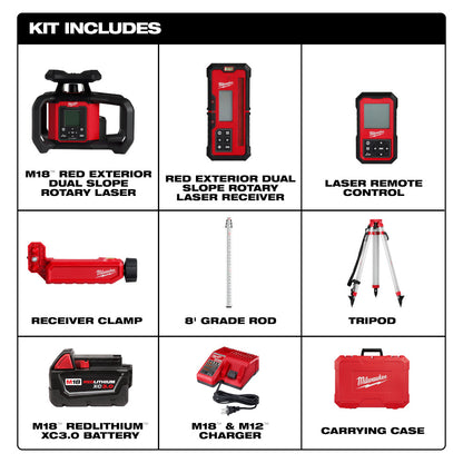 M18™ Red Exterior Dual Slope Rotary Laser Level Kit w/ Receiver, Remote, Grade Rod & Tripod