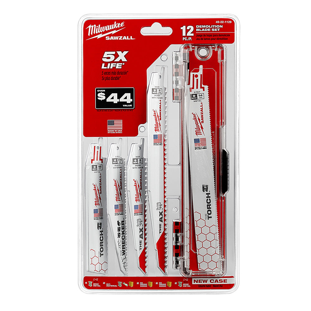 A pack of 12 Milwaukee SAWZALL demolition blades with different teeth configurations for various materials, displayed in a red and white packaging.