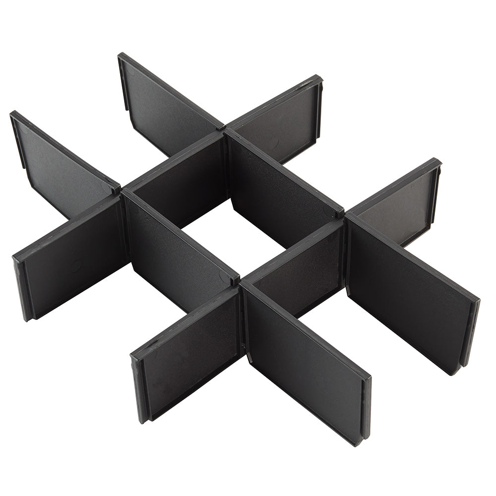 A set of black drawer dividers arranged in a 3x3 grid pattern, with two long dividers and six small dividers, designed for use with a tool storage system.