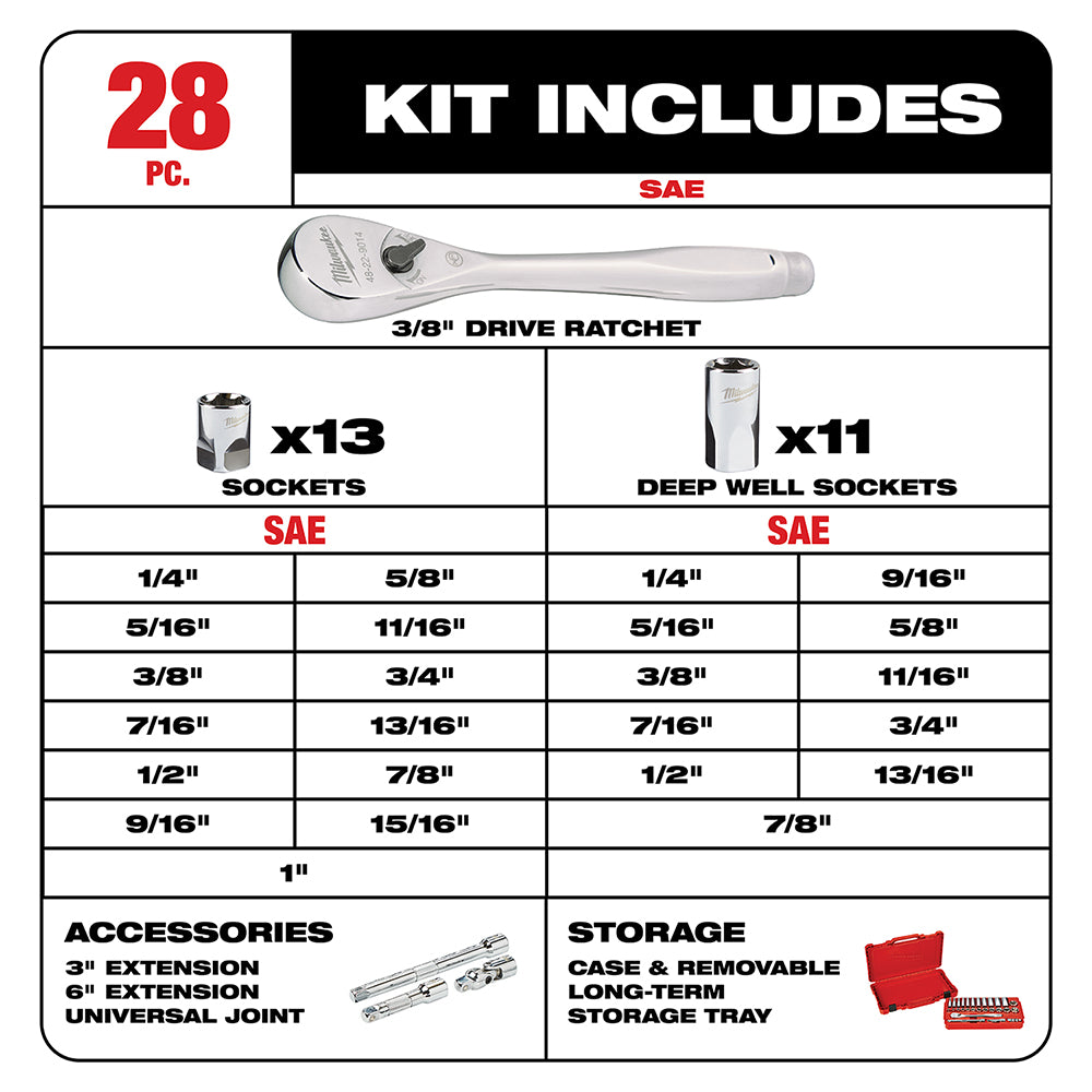 3/8 in. Drive 28 pc. Ratchet & Socket Set- SAE