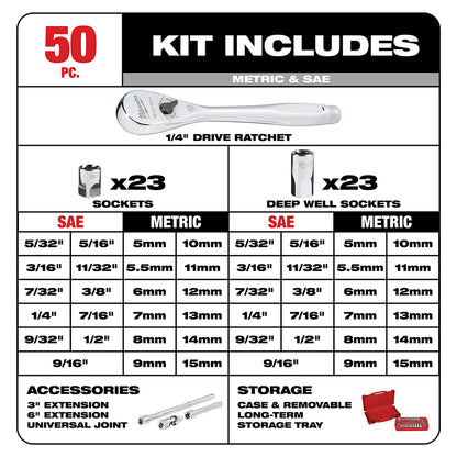 1/4 in. Drive 50 pc. Ratchet & Socket Set - SAE & Metric