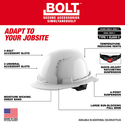 White Full Brim Vented Hard Hat w/4pt Ratcheting Suspension - Type 1, Class C