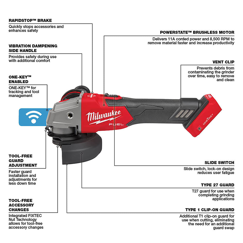 M18 FUEL™ 4-1/2" / 5" Braking Grinder w/ ONE-KEY™ Slide Switch, Lock-On