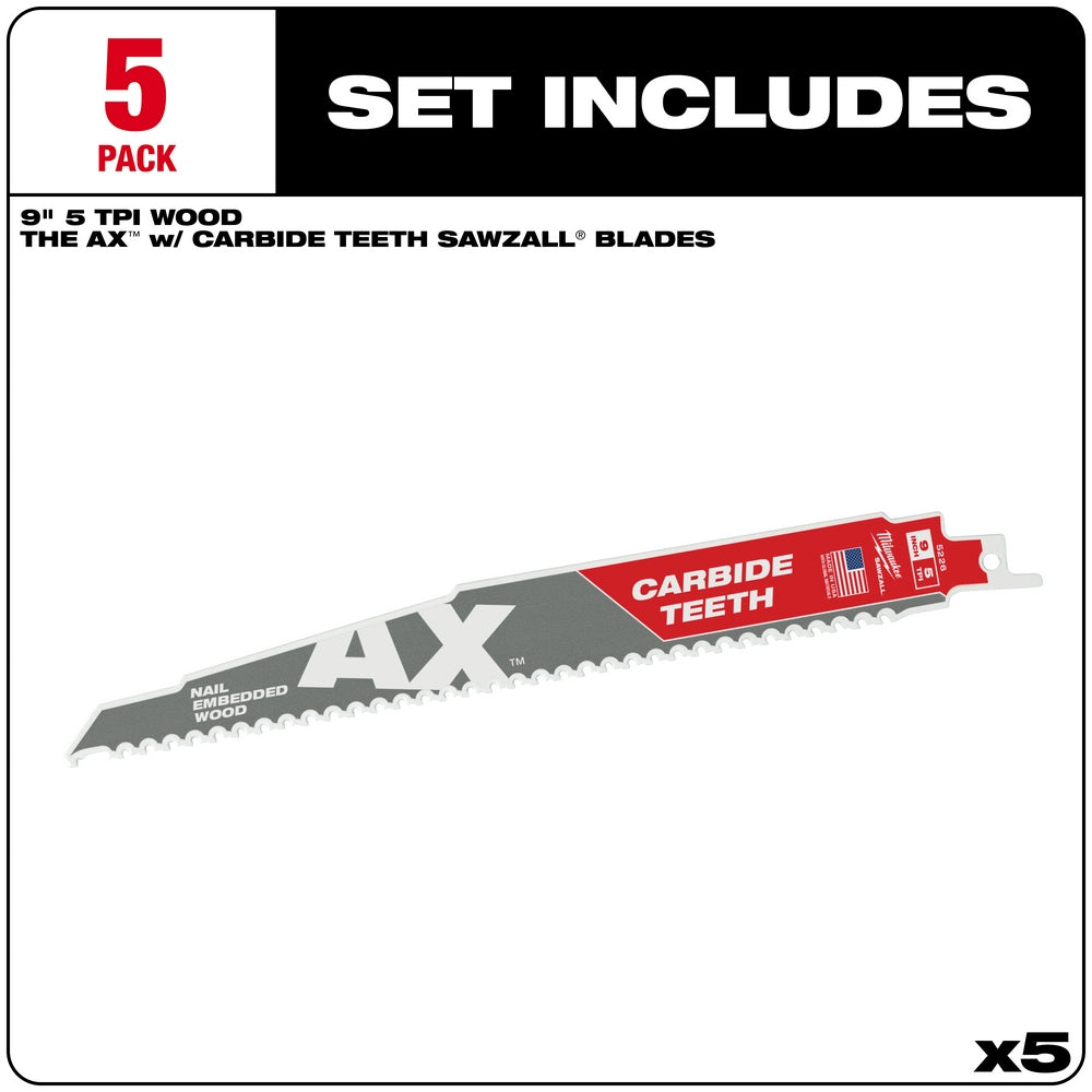 9" 5 TPI AX™ with Carbide Teeth for Wood with Nails SAWZALL® Blade (5 PK)