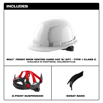 White Front Brim Vented Hard Hat w/6pt Ratcheting Suspension - Type 1, Class C