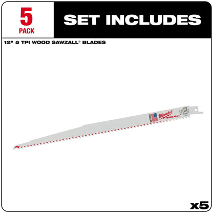 12" 5 TPI SAWZALL® Blade for Wood with Nails (5 PK)