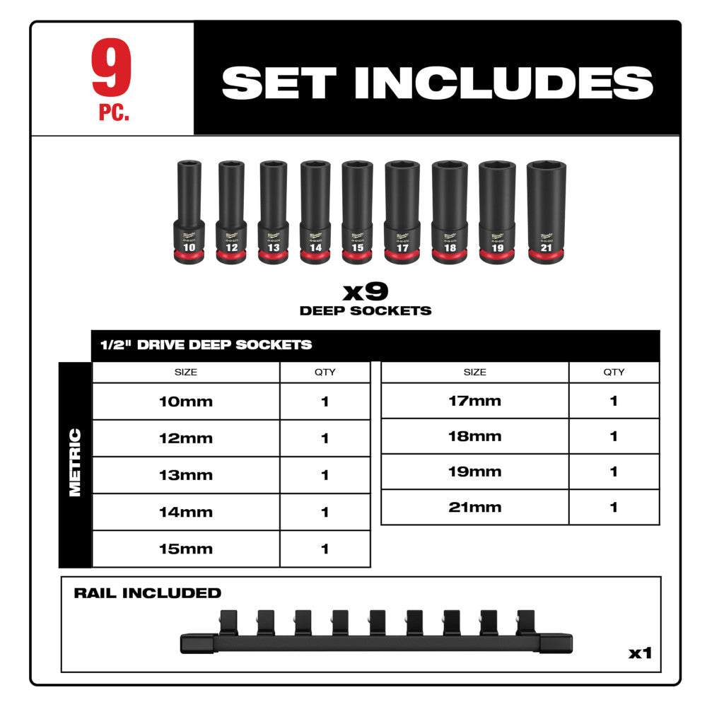 9PC SHOCKWAVE™ Impact Duty 1/2" Drive Metric Deep 6 Point Socket Set