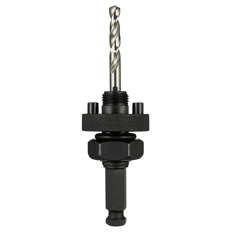 A black Milwaukee hole saw arbor with a pilot bit, designed for use with hole saws.
