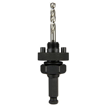 A black Milwaukee hole saw arbor with a pilot bit, designed for use with hole saws.