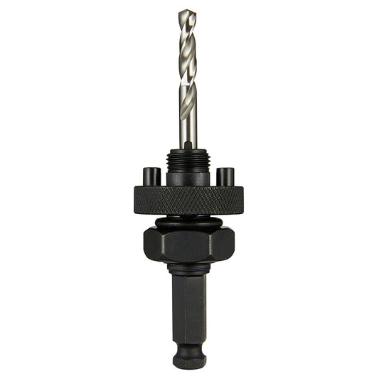 A black Milwaukee hole saw arbor with a pilot bit, designed for use with hole saws.