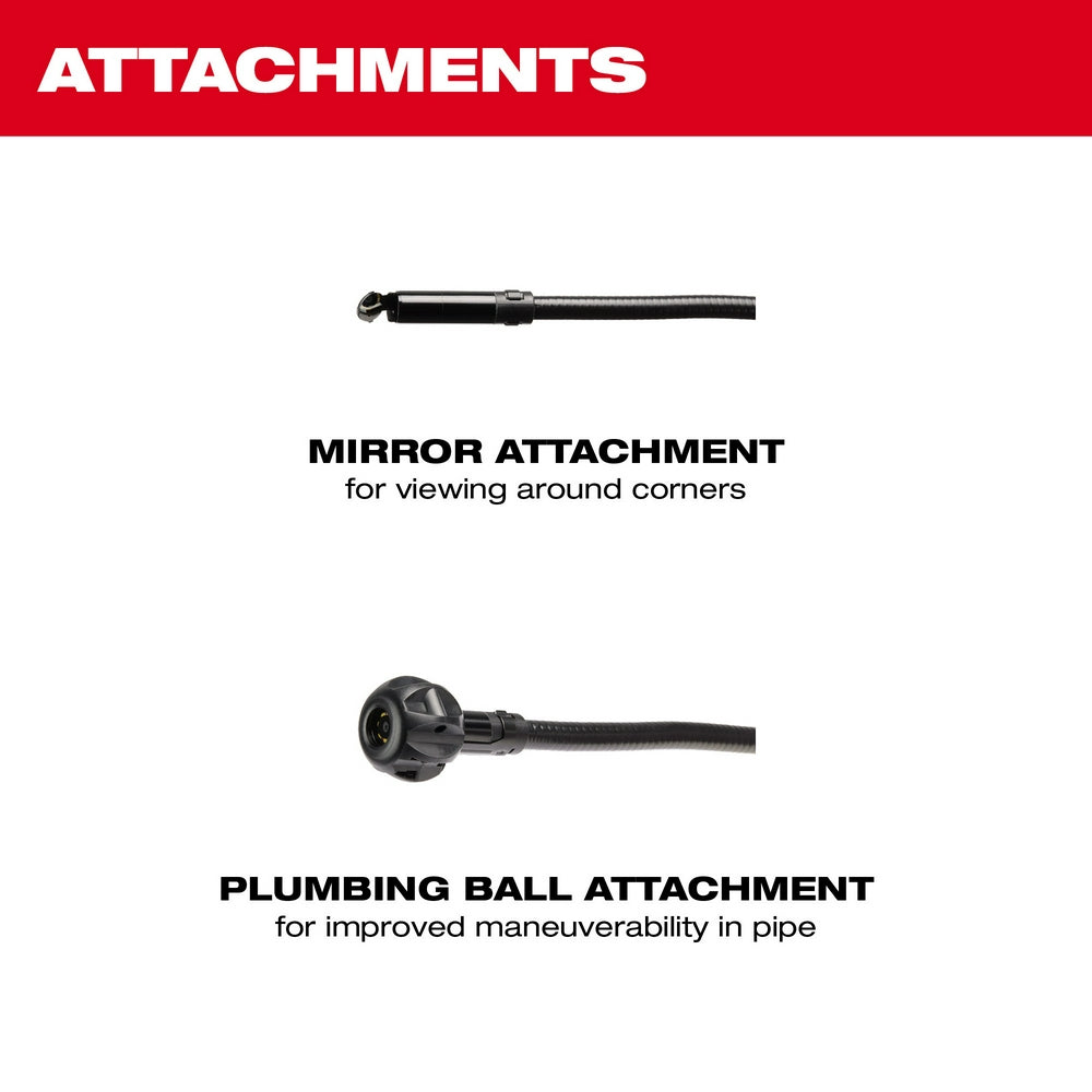 Attachments: Mirror Attachment for viewing around corners, Plumbing Ball Attachment for improved maneuverability in pipe