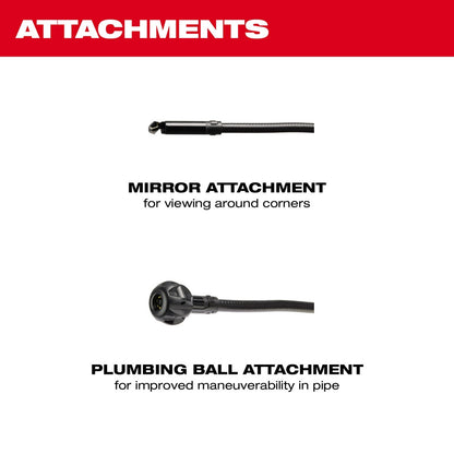 Attachments: Mirror Attachment for viewing around corners, Plumbing Ball Attachment for improved maneuverability in pipe