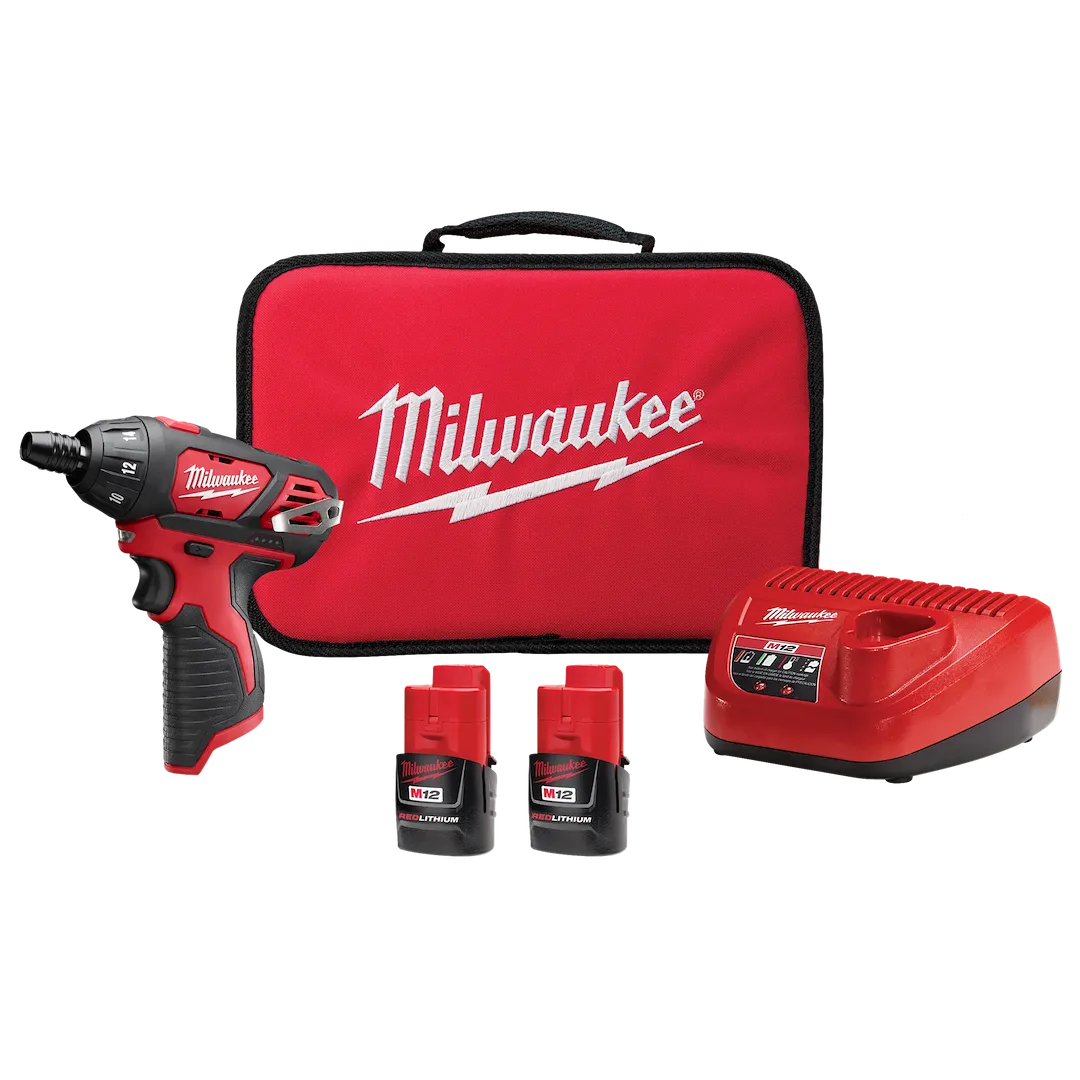 Milwaukee tool kit with drill, batteries, and charger on a white background